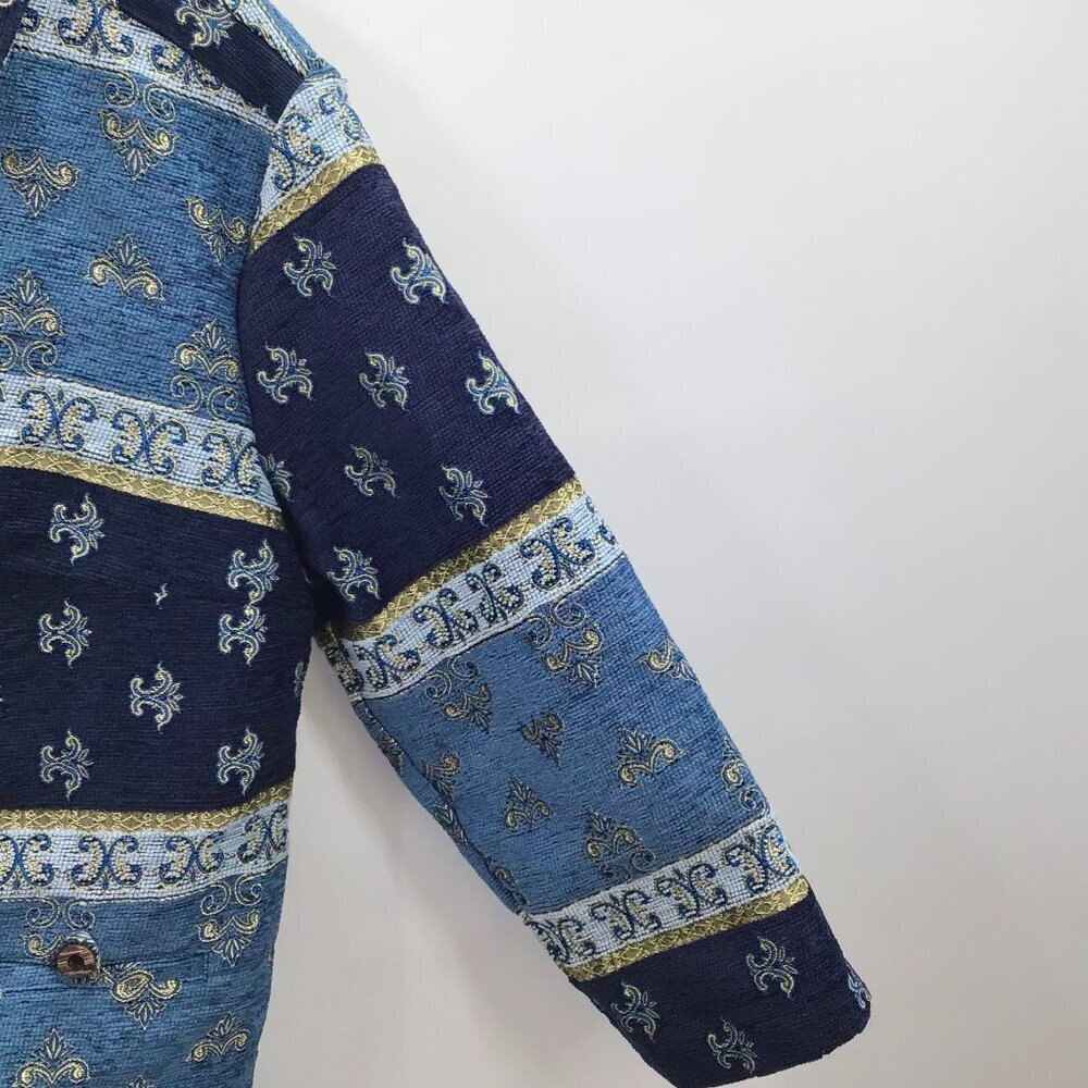 Women's Tapestry Jacket Coat 16W Blue Gold Chenille Brocade Woven Art To Wear - Picture 4 of 10